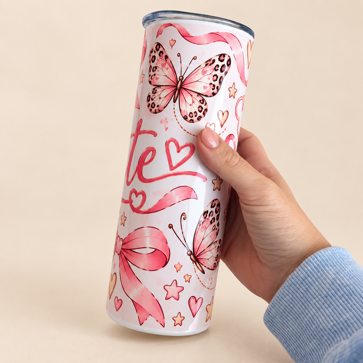 Personalised Pink Bow Tumbler | Butterfly & Leopard Print Cup