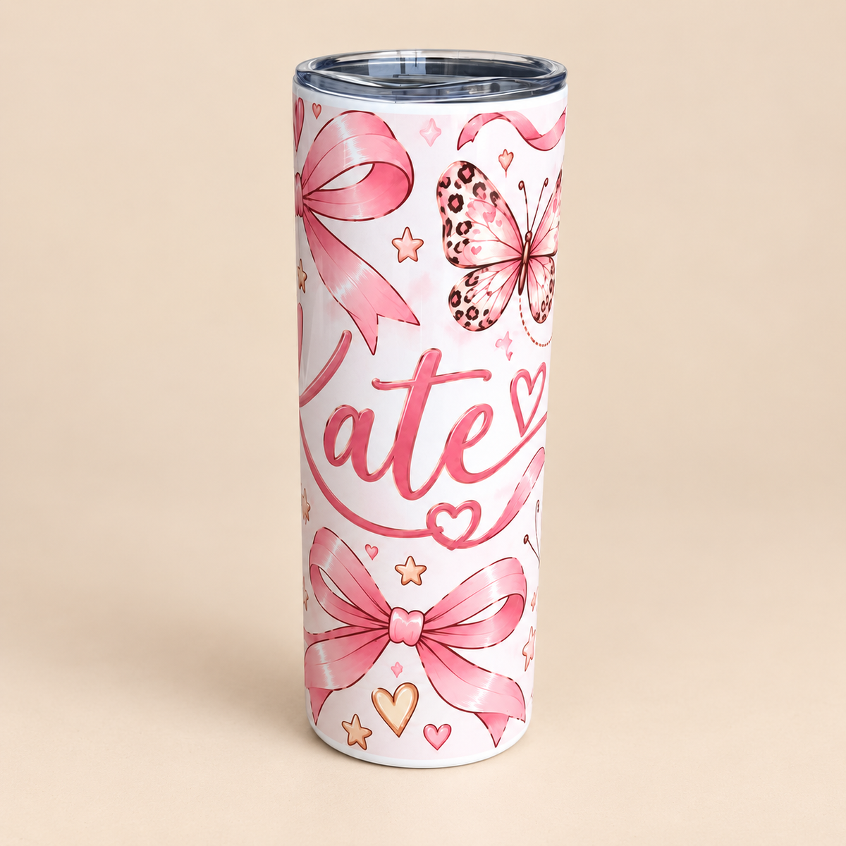 Personalised Pink Bow Tumbler | Butterfly & Leopard Print Cup