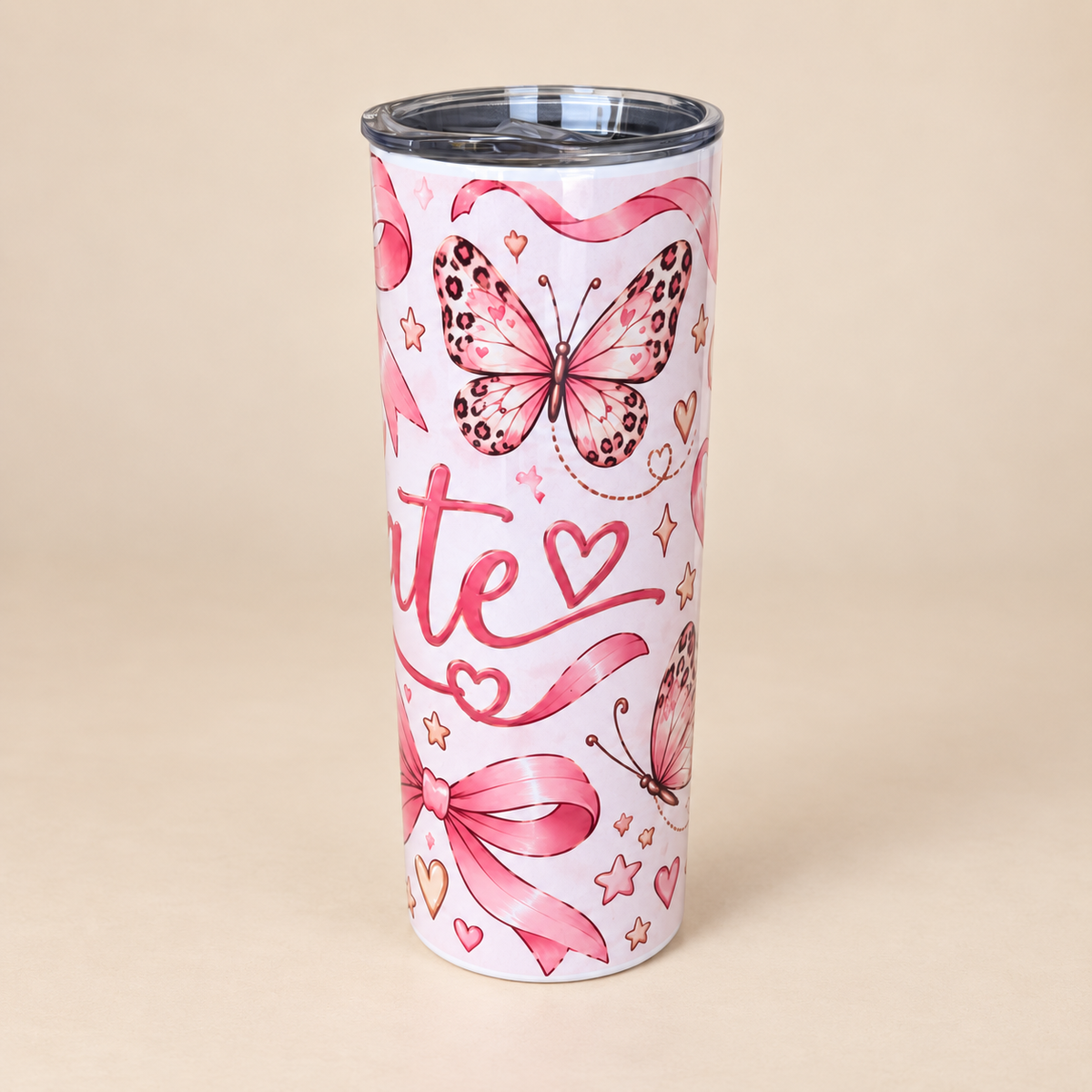 Personalised Pink Bow Tumbler | Butterfly & Leopard Print Cup