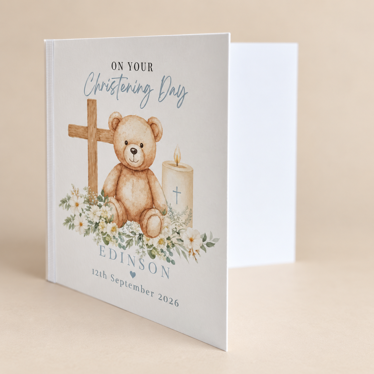 Personalised Christening Card | Teddy Bear Baptism Card | Baby Boy Keepsake
