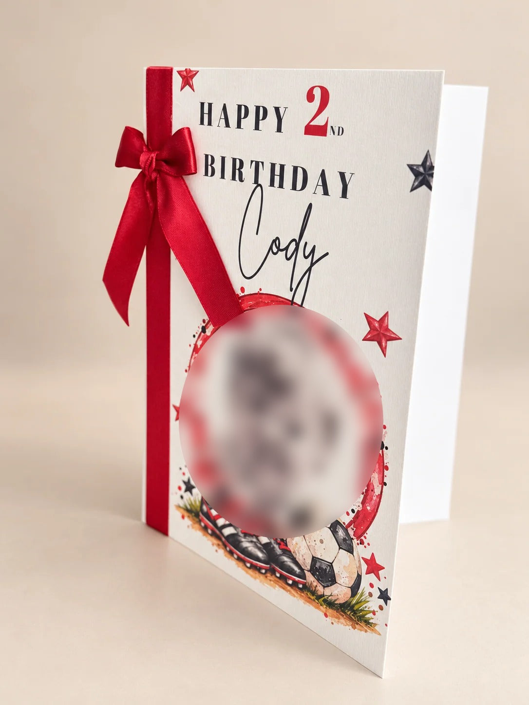 Personalised football birthday keepsake card with red ribbon