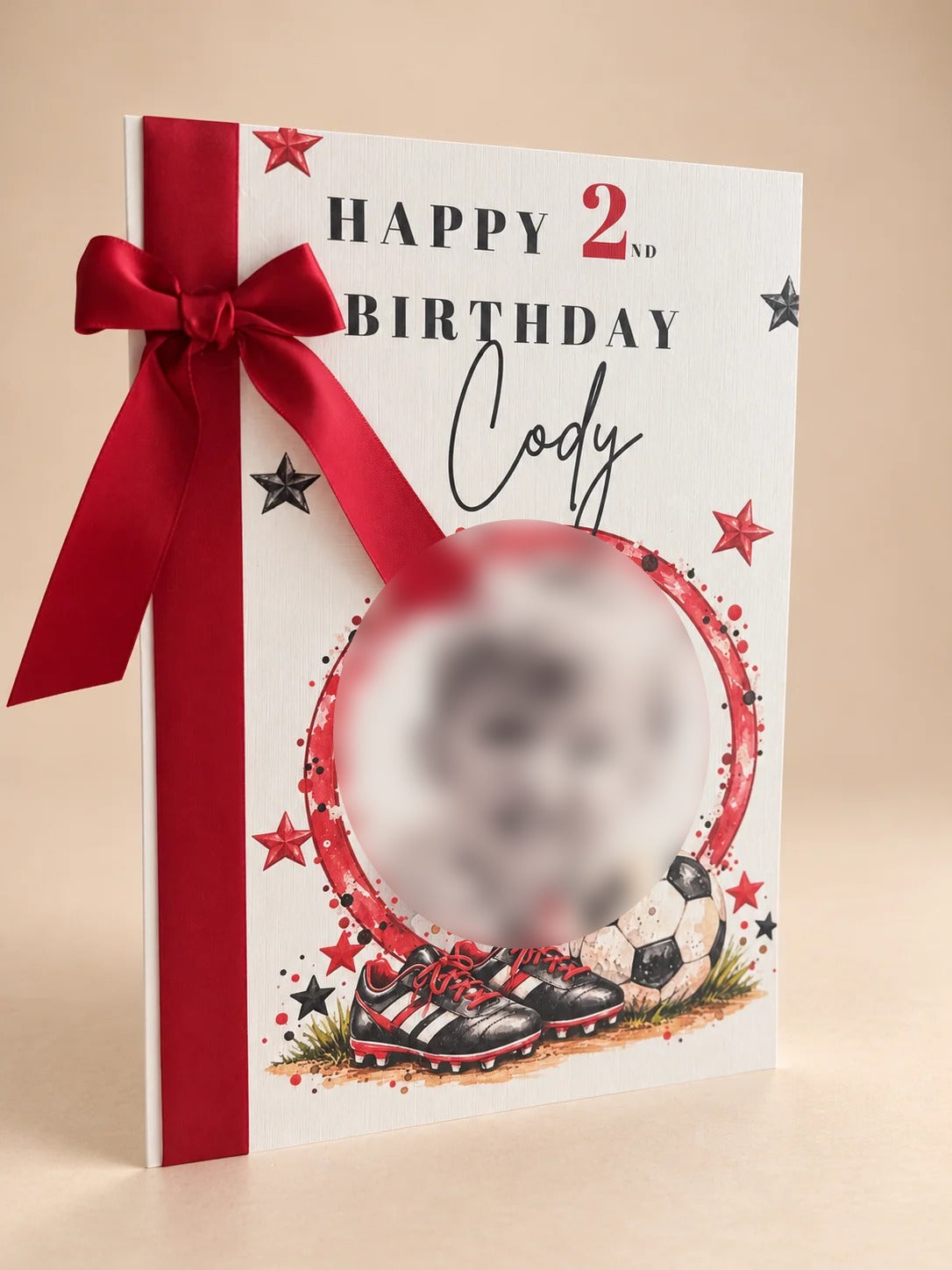 Personalised football birthday keepsake card with red ribbon