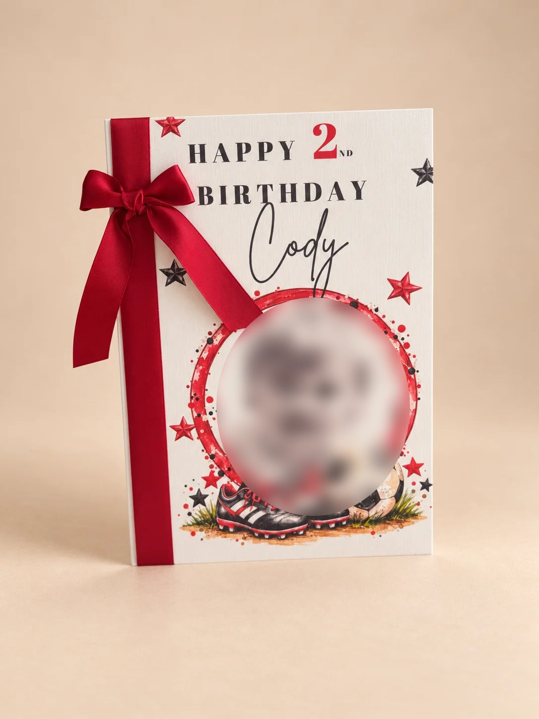 Personalised football birthday keepsake card with red ribbon