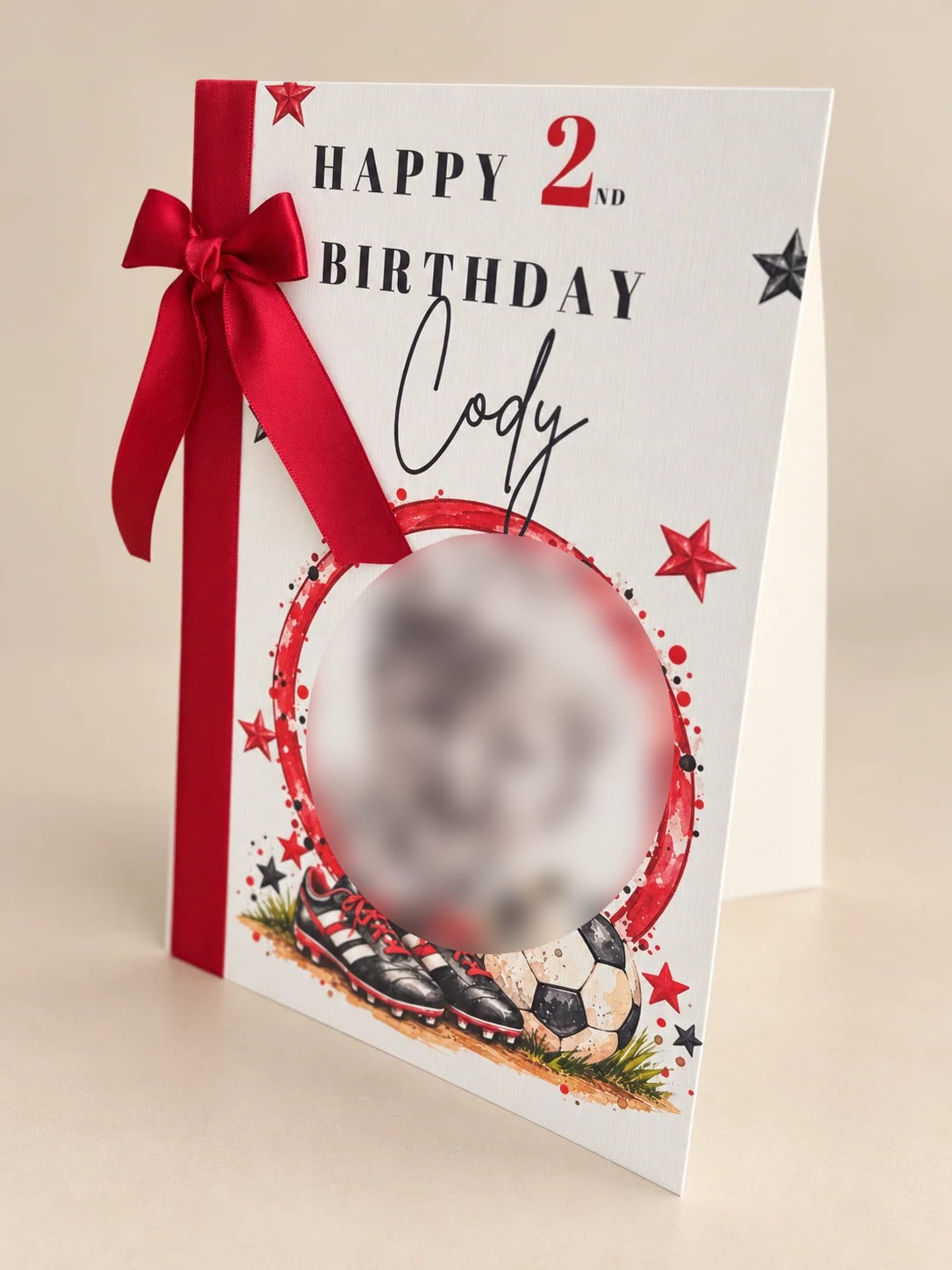 Personalised football birthday keepsake card with red ribbon