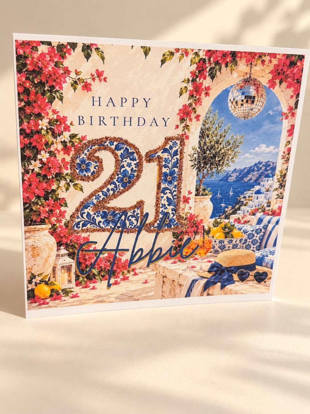 Personalised Greek Island Birthday Card | Chapel, Flowers & Lemons with Name and Age