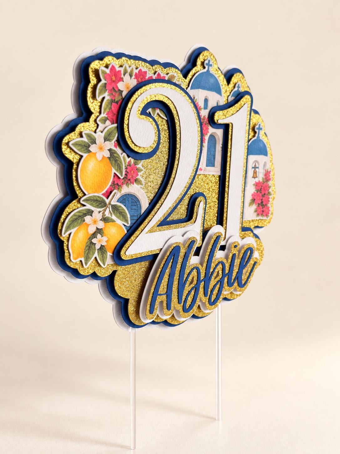 Personalised Greek Island Cake Topper | Layered Chapel, Flowers & Lemons with Name and Age