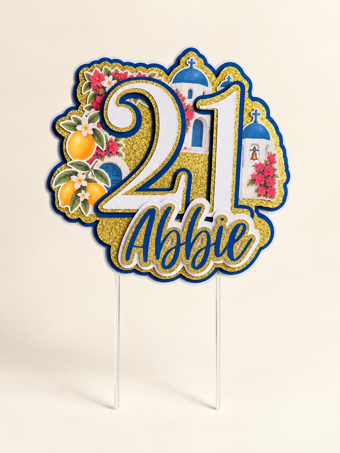 Personalised Greek Island Cake Topper | Layered Chapel, Flowers & Lemons with Name and Age
