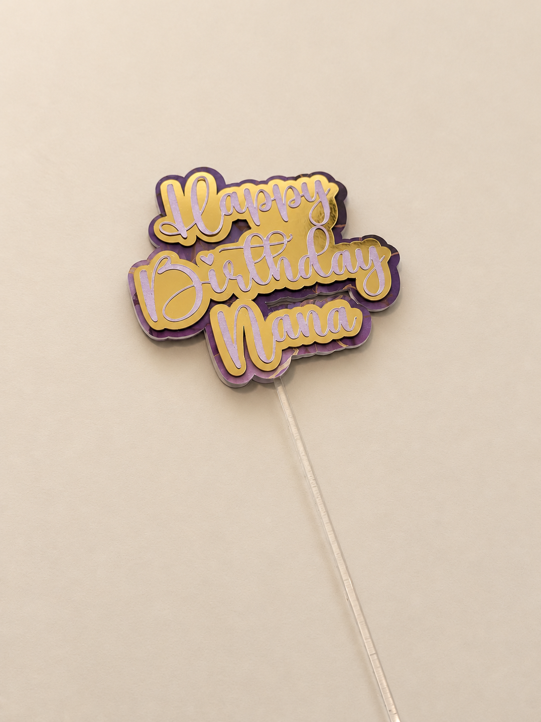 Personalised Happy Birthday Cake Topper | Lilac, Gold Mirror & Purple Marble Layered Script