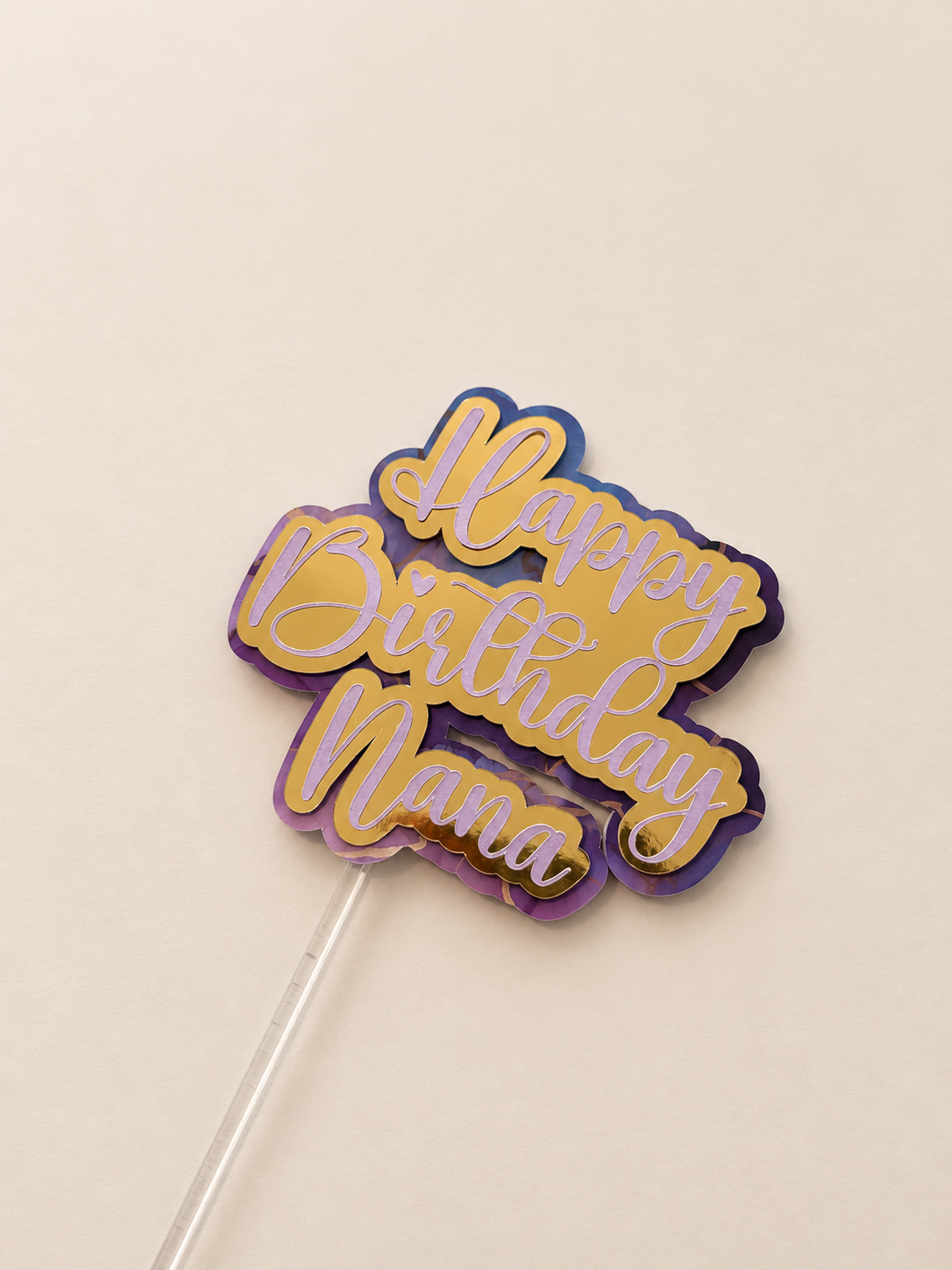 Personalised Happy Birthday Cake Topper | Lilac, Gold Mirror & Purple Marble Layered Script