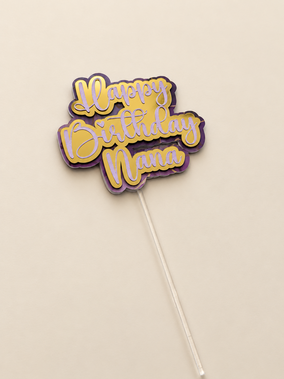 Personalised Happy Birthday Cake Topper | Lilac, Gold Mirror & Purple Marble Layered Script