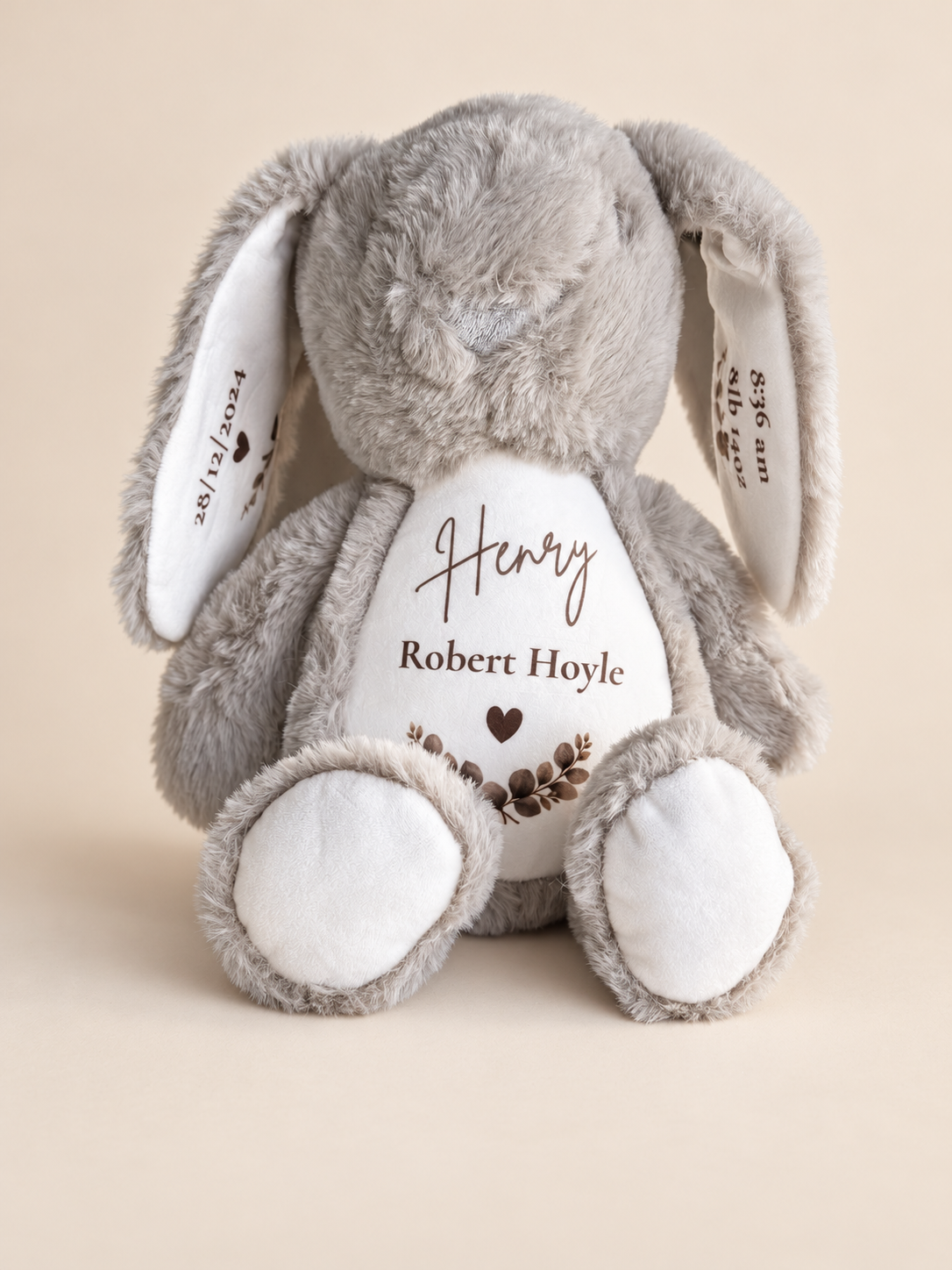 Personalised grey bunny soft toy with baby's name and birth details