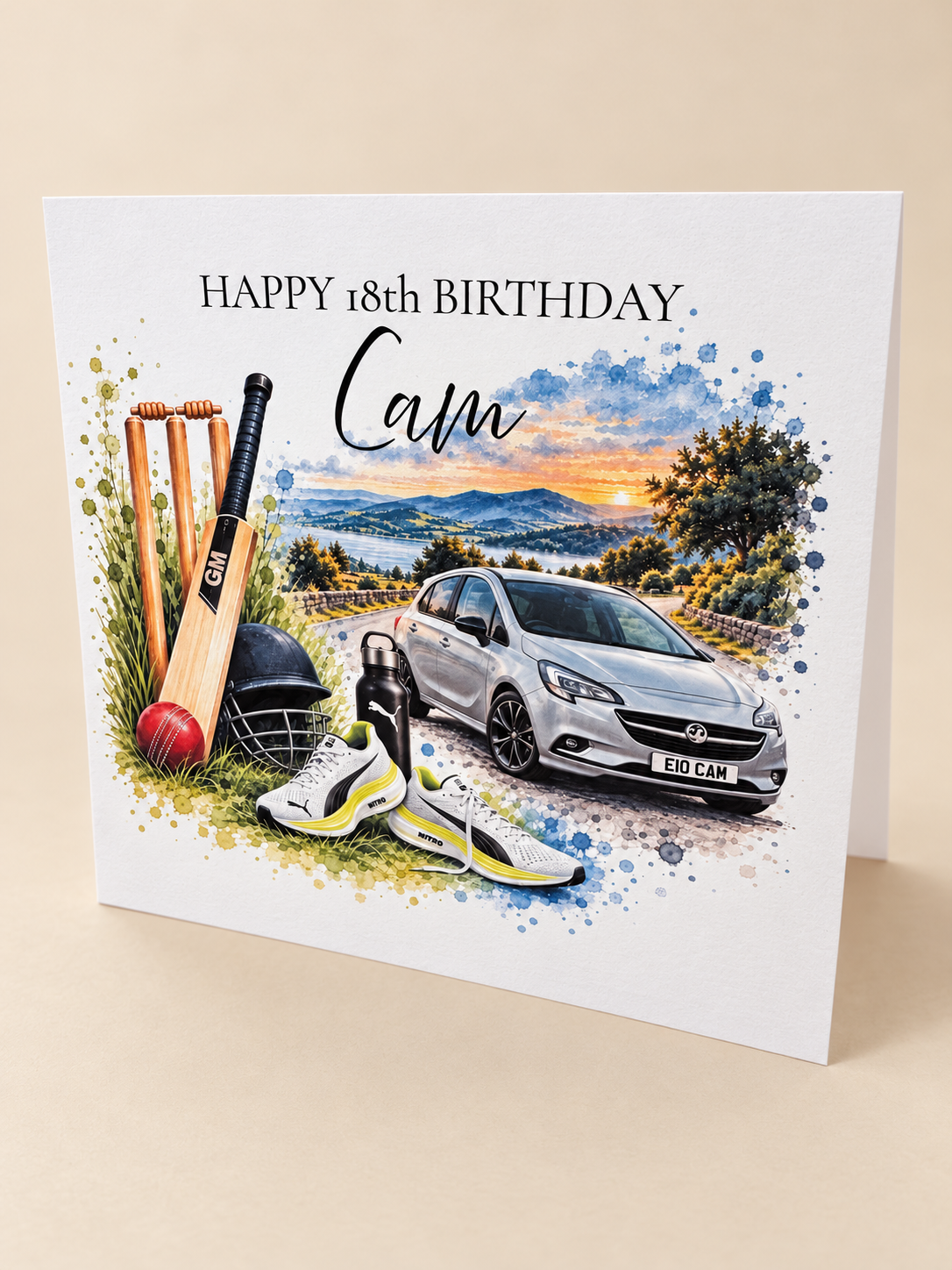 Personalised watercolour 18th birthday card with car and cricket kit