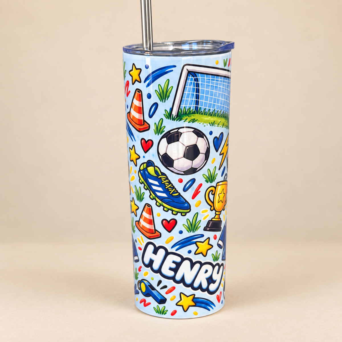 Personalised Football Tumbler | Kids Football Water Bottle with Name
