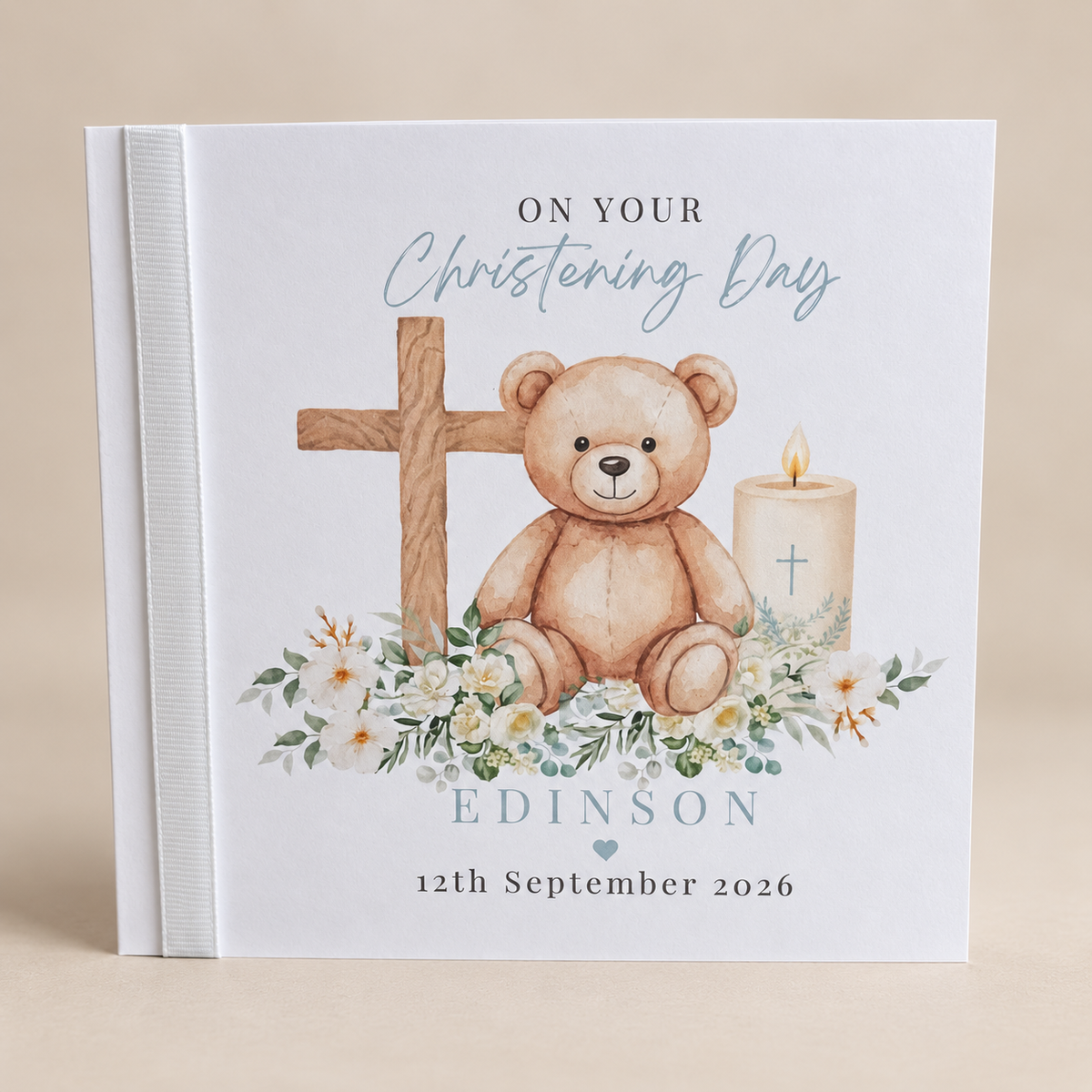 Personalised Christening Card | Teddy Bear Baptism Card | Baby Boy Keepsake
