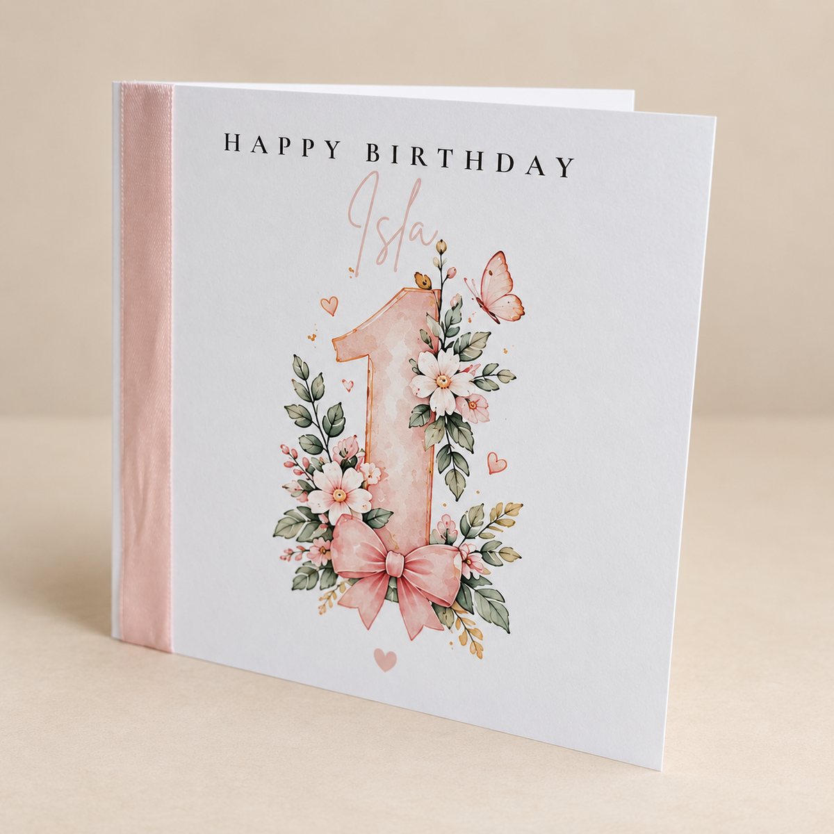 Personalised Floral Birthday Card | Pink Butterfly & Bow Keepsake