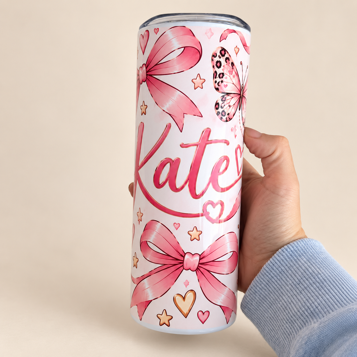 Personalised Pink Bow Tumbler | Butterfly & Leopard Print Cup