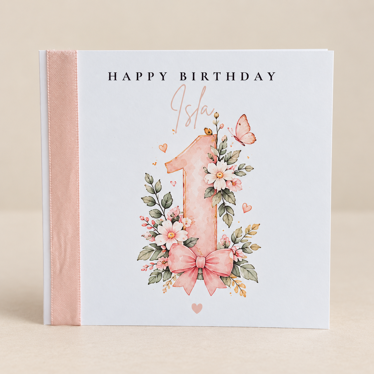 Personalised Floral Birthday Card | Pink Butterfly & Bow Keepsake