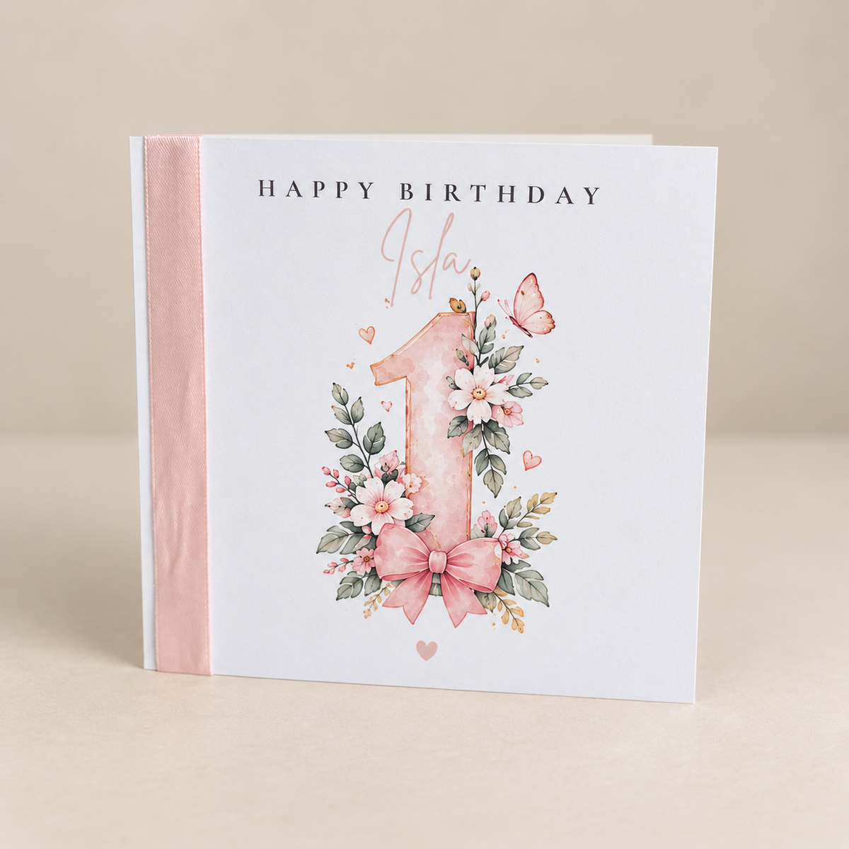 Personalised Floral Birthday Card | Pink Butterfly & Bow Keepsake