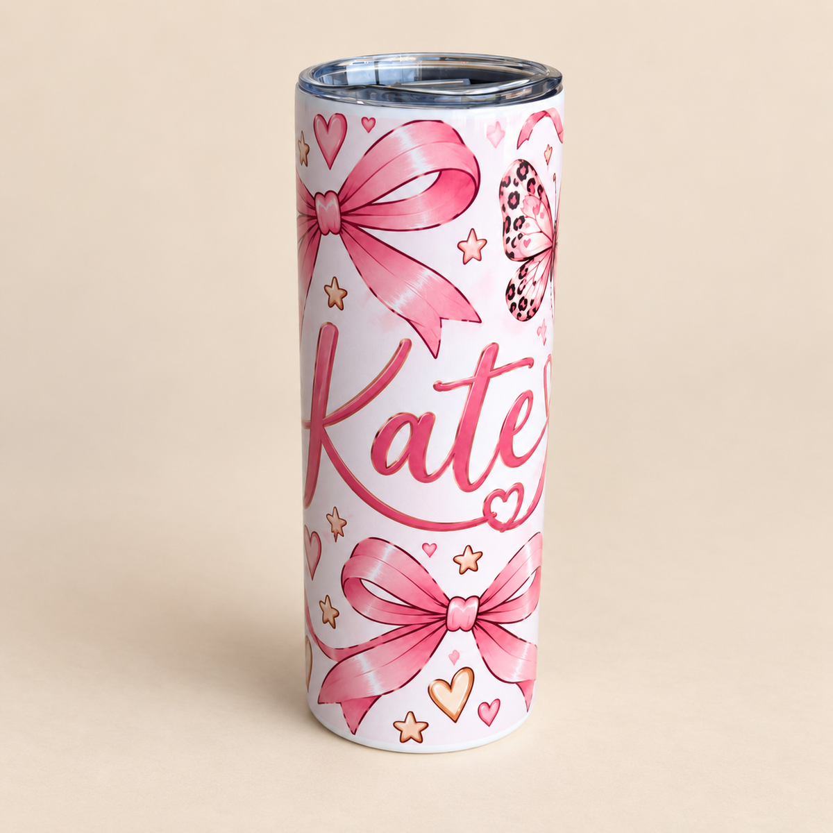 Personalised Pink Bow Tumbler | Butterfly & Leopard Print Cup