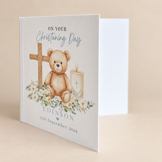 Personalised Christening Card | Teddy Bear Baptism Card | Baby Boy Keepsake