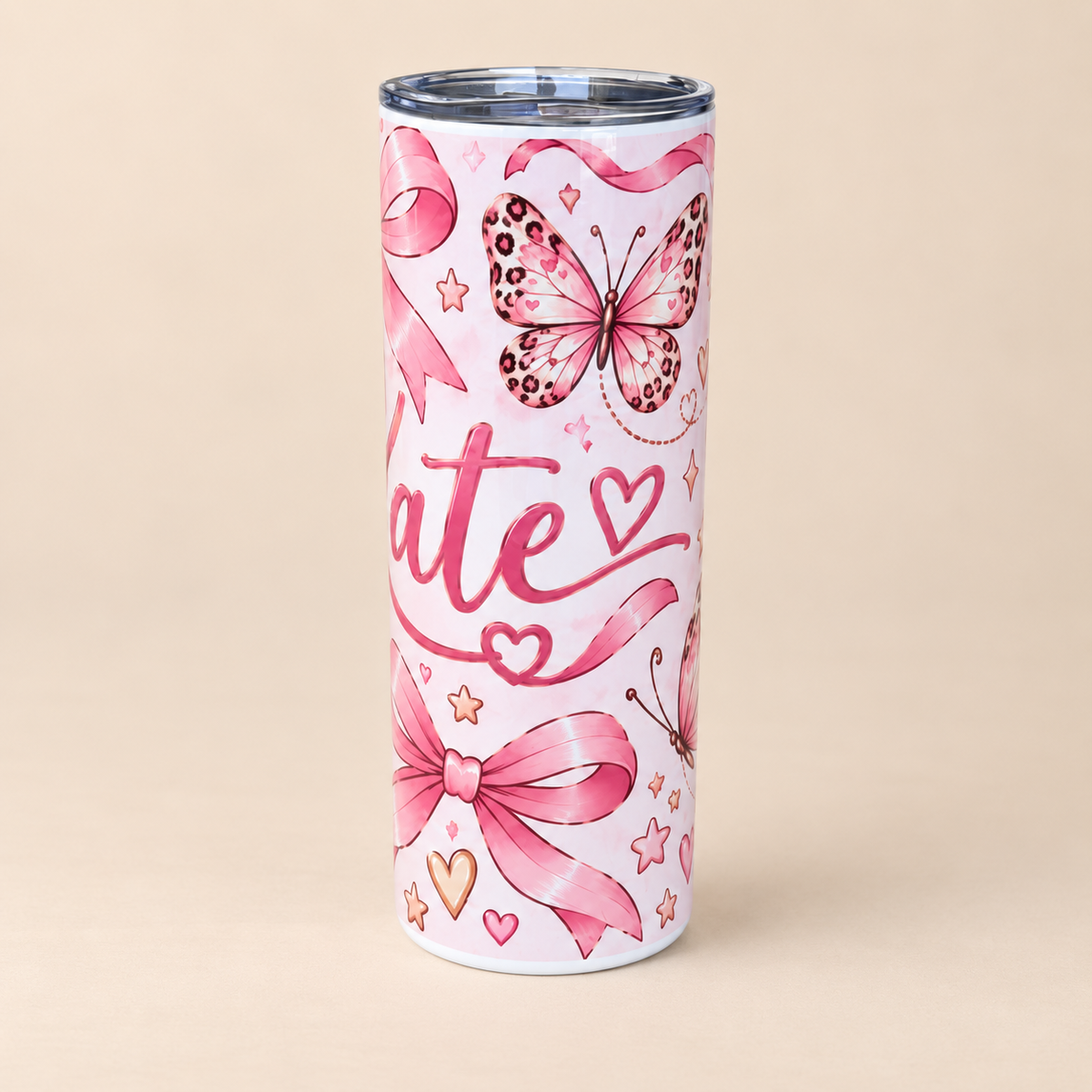 Personalised Pink Bow Tumbler | Butterfly & Leopard Print Cup
