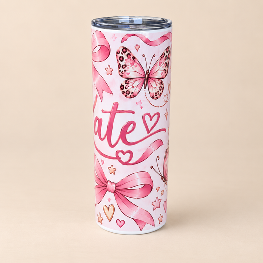Personalised Pink Bow Tumbler | Butterfly & Leopard Print Cup