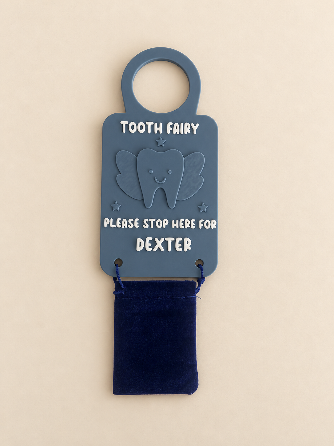 Personalised Tooth Fairy Door Hanger with Blue Pouch | Child's Name Lost Tooth Keepsake