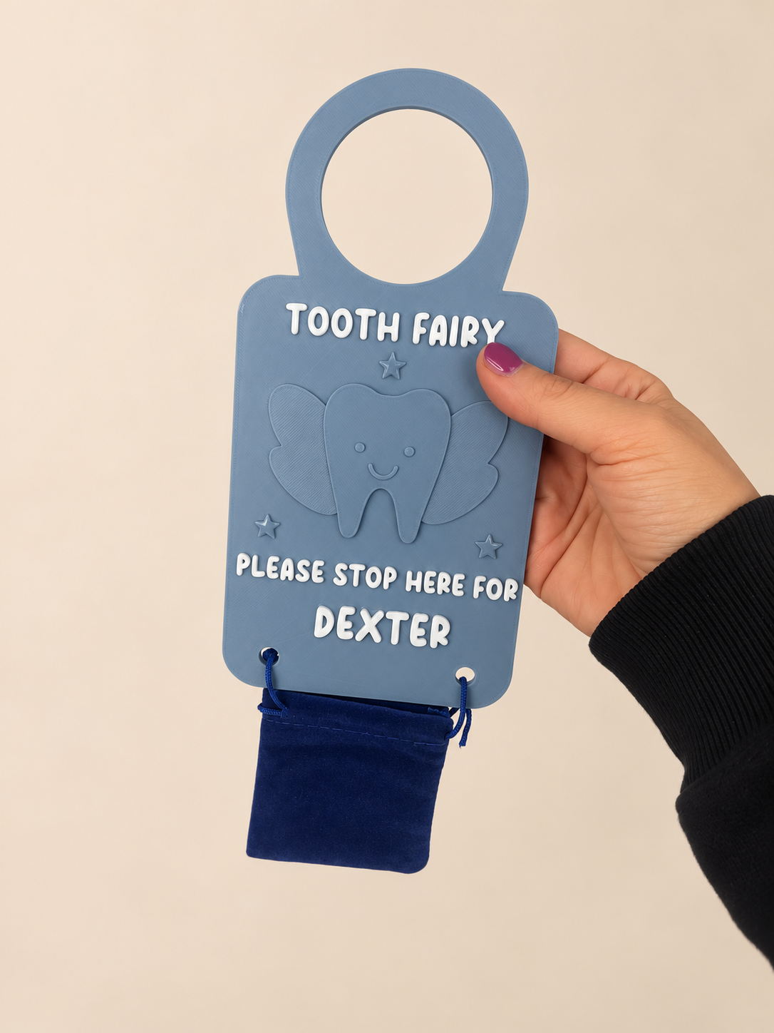 Personalised Tooth Fairy Door Hanger with Blue Pouch | Child's Name Lost Tooth Keepsake
