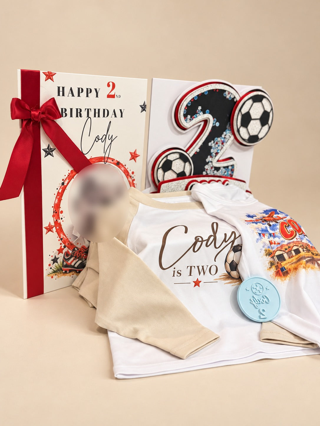 Personalised birthday bundle with card, cake topper, pyjamas, t-shirt and fondant stamp