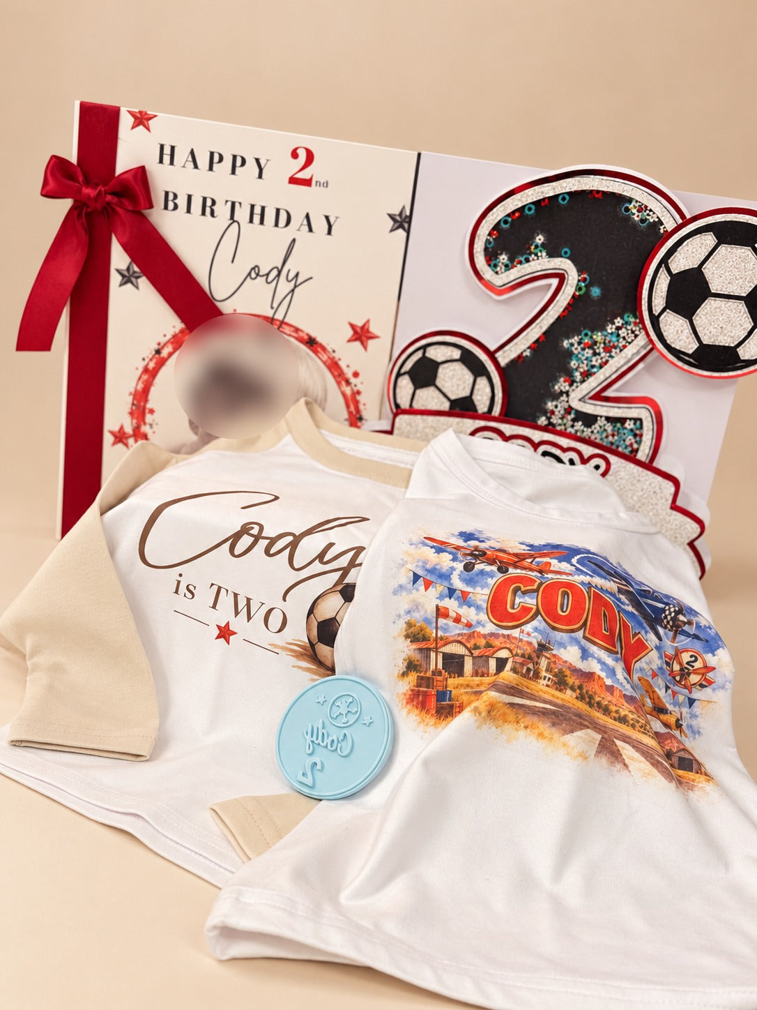 Personalised birthday pyjamas, aeroplane t-shirt and fondant stamp