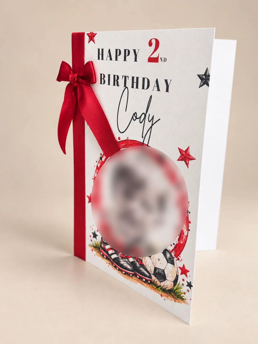 Personalised football birthday keepsake card with red ribbon