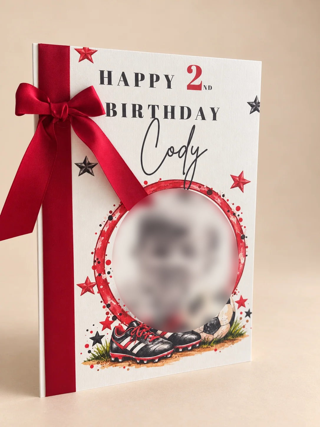 Personalised football birthday keepsake card with red ribbon