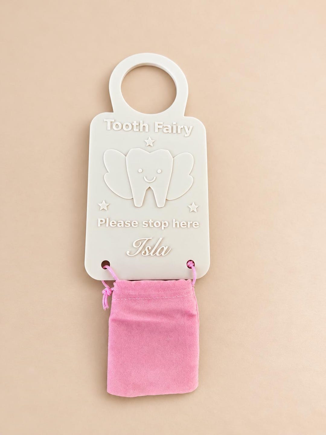 Personalised Tooth Fairy door hanger with pink pouch