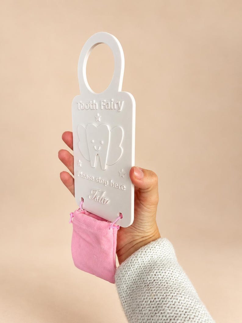 Tooth Fairy door hanger and pink tooth pouch