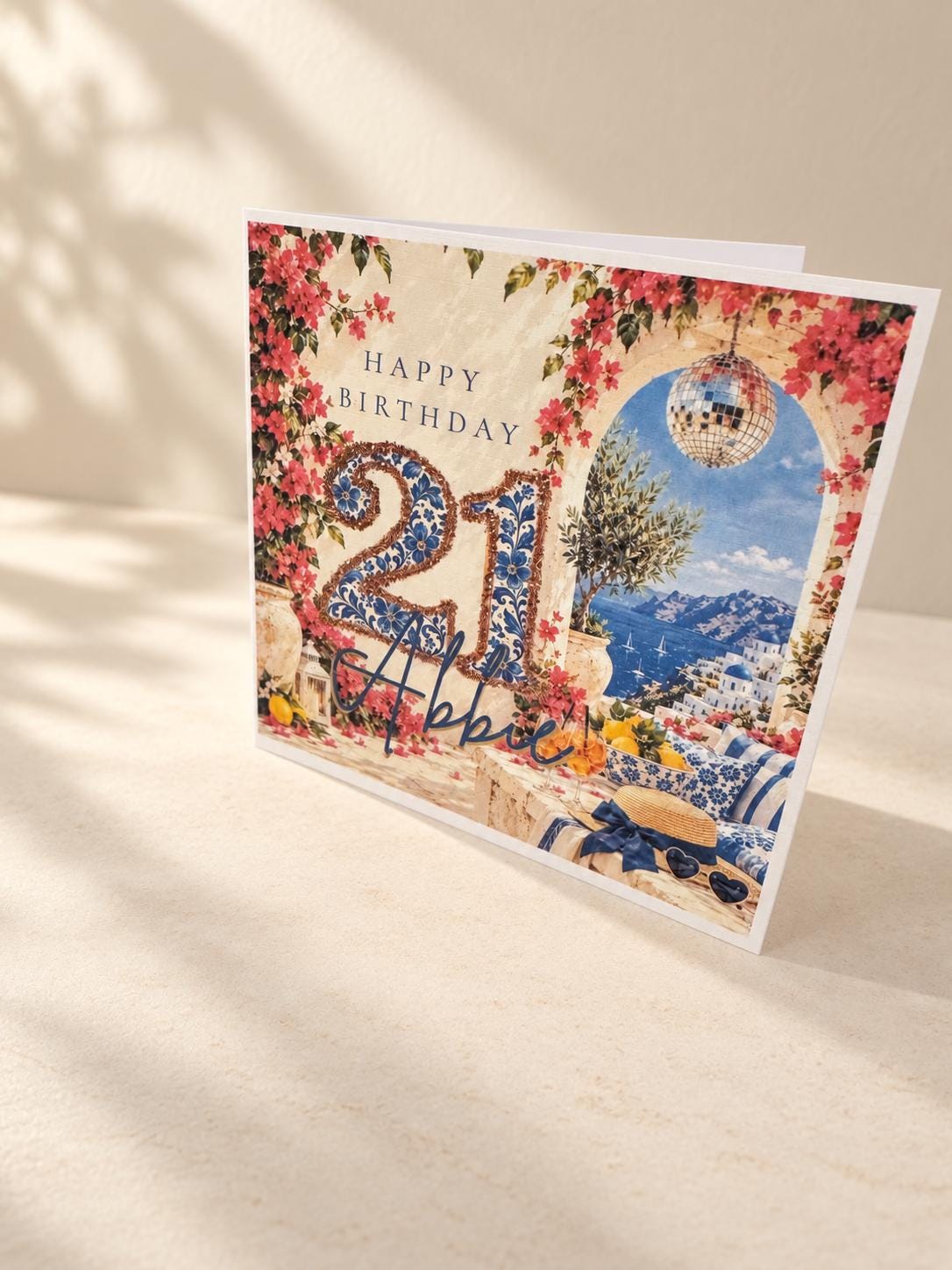 Personalised Greek Island Birthday Card | Chapel, Flowers & Lemons with Name and Age