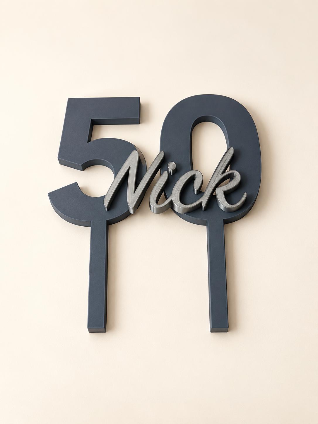 Personalised 3D Printed Milestone Cake Topper | Charcoal & Silver Name and Age