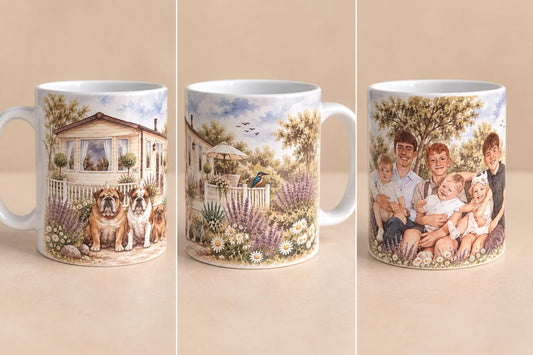 Personalised watercolour family mug with grandchildren, dogs and caravan