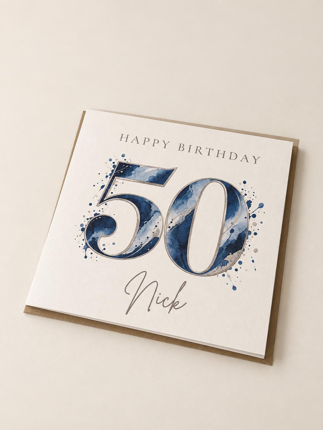 Personalised 50th Birthday Card | Modern Blue & Silver Design with Name and Age
