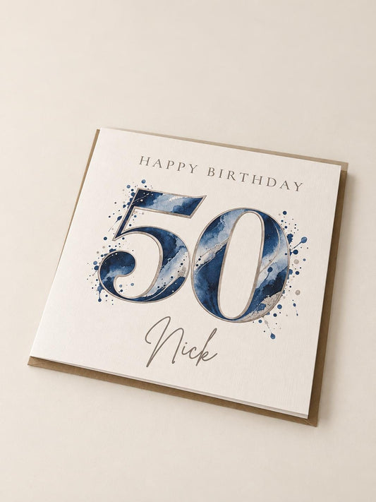Personalised 50th Birthday Card | Modern Blue & Silver Design with Name and Age
