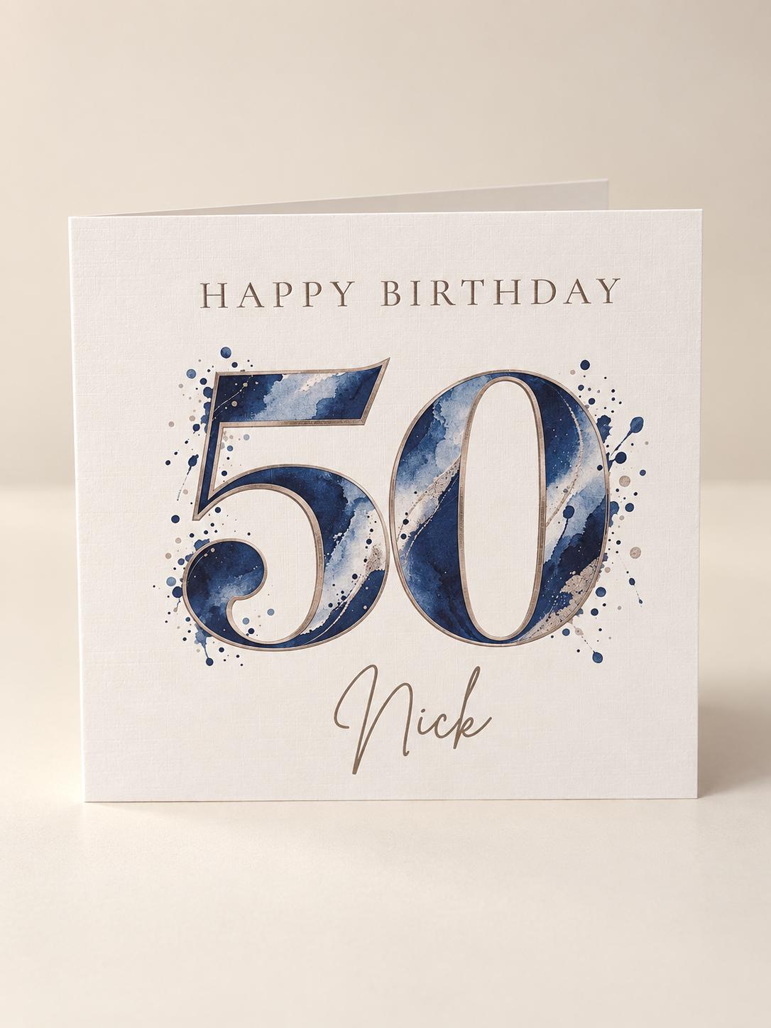 Personalised 50th birthday card in blue and silver