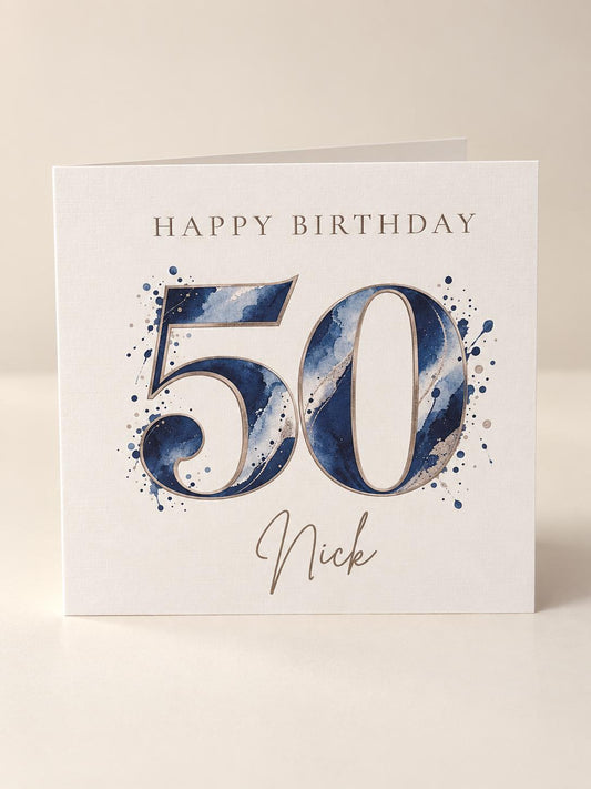 Personalised 50th birthday card in blue and silver
