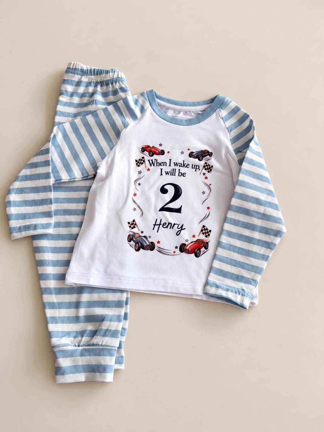 Personalised When I Wake Up birthday pyjamas racing cars