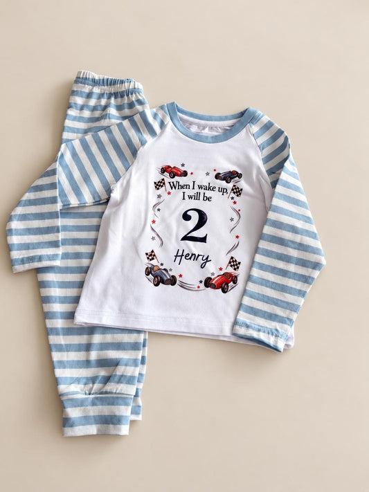 Personalised When I Wake Up birthday pyjamas racing cars