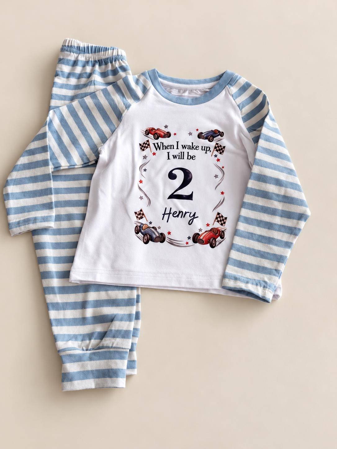 Personalised birthday pyjamas blue stripe