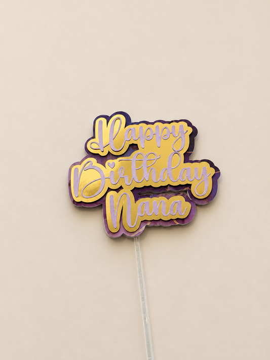 Personalised Happy Birthday Cake Topper | Lilac, Gold Mirror & Purple Marble Layered Script