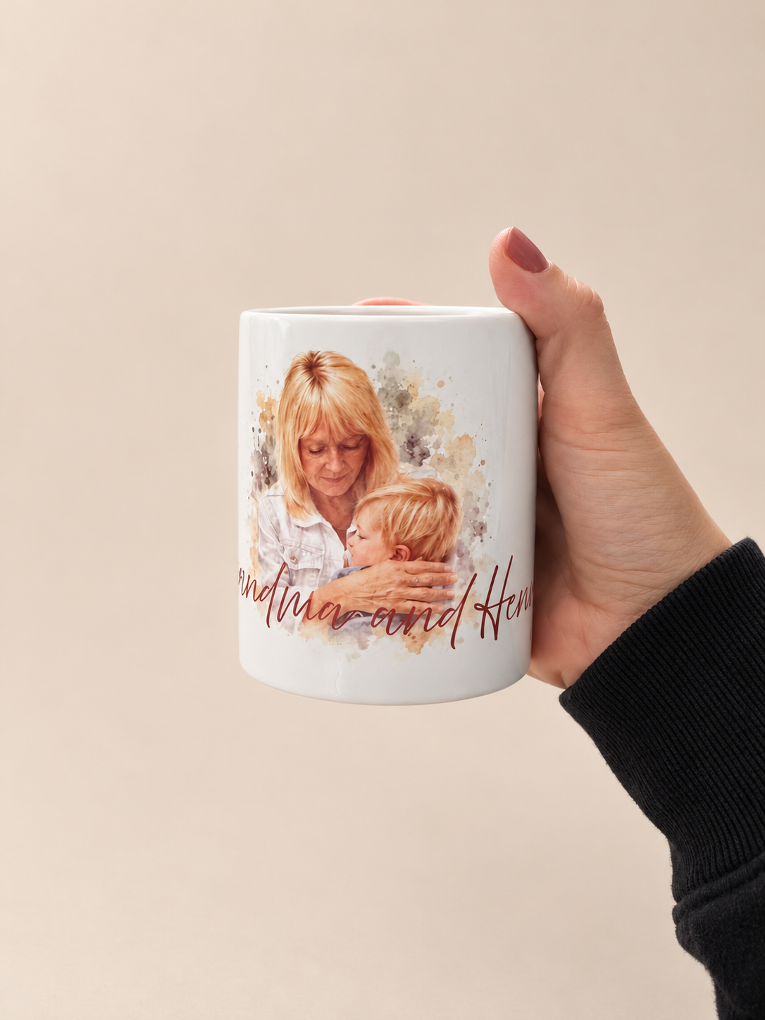 Watercolour photo mug held in hand