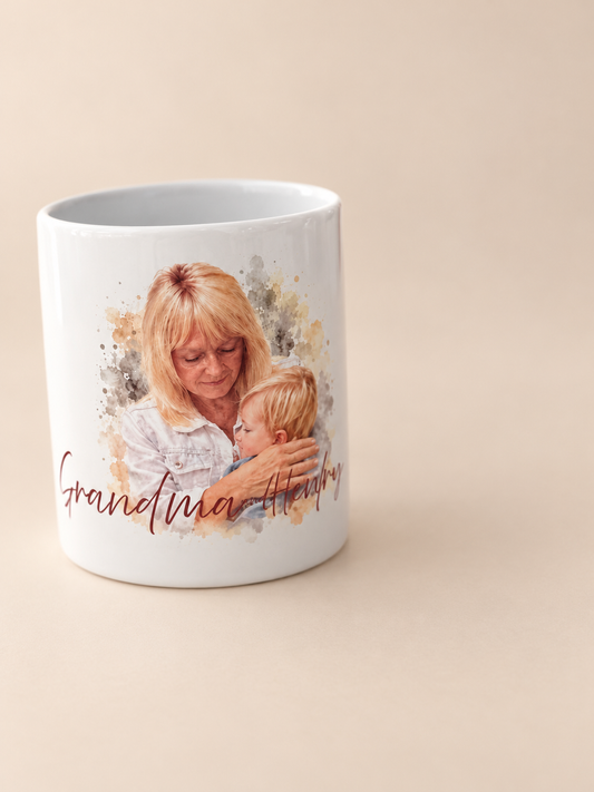 Personalised watercolour photo mug Grandma and Henry