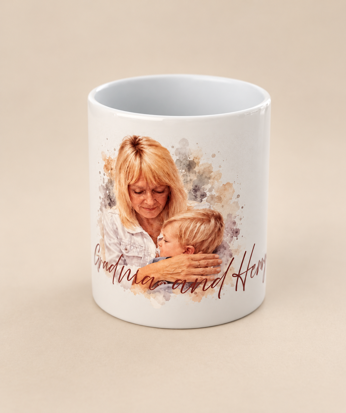 Watercolour photo mug with names in script