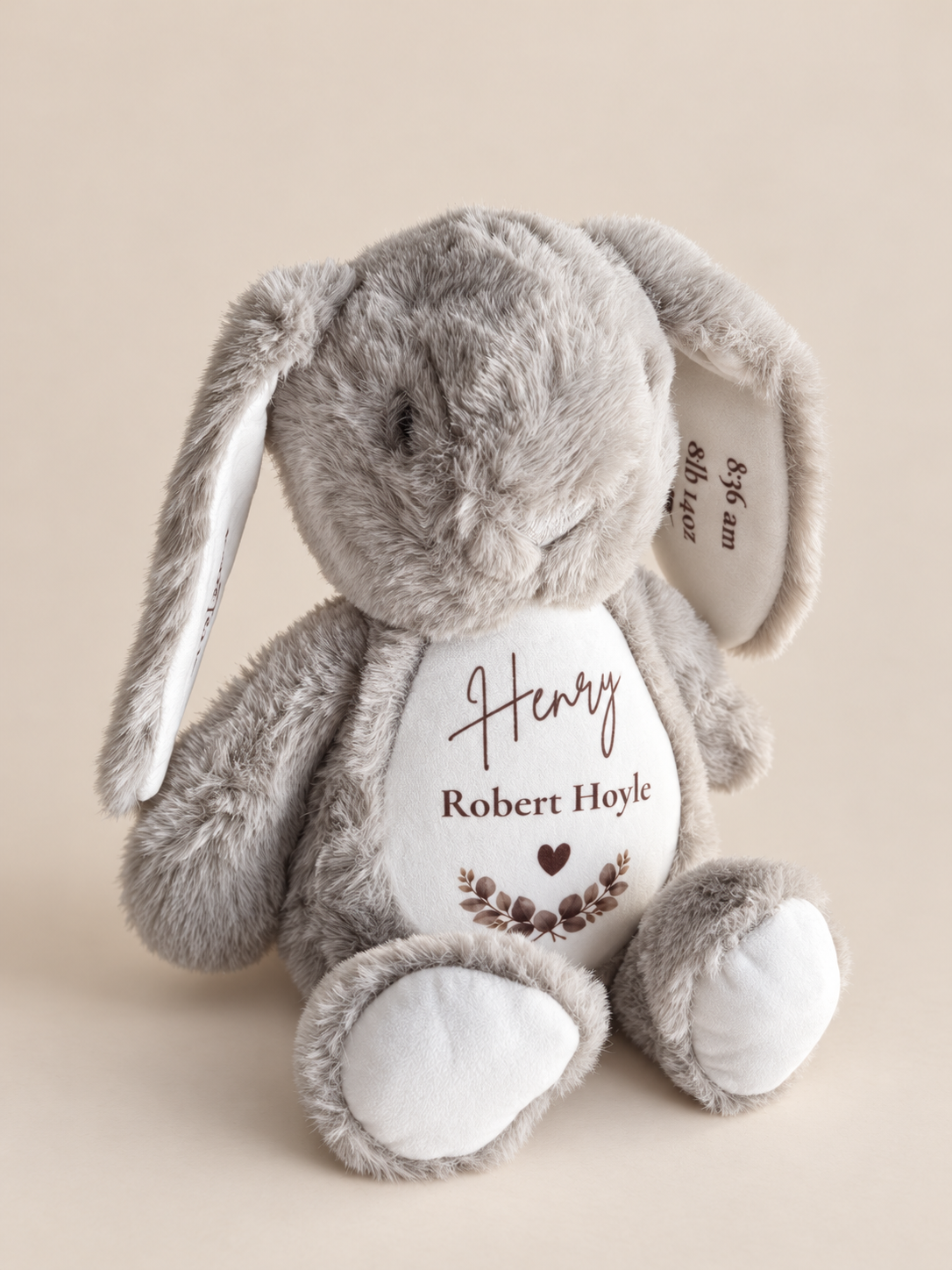 Personalised bunny soft toy angled view