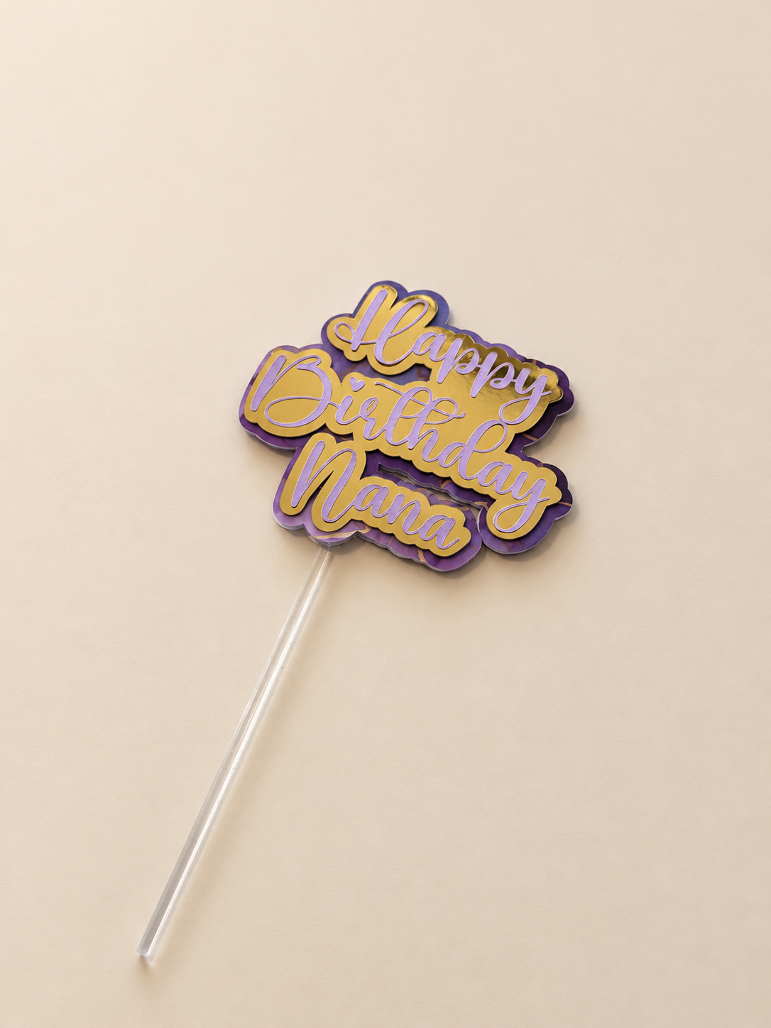 Personalised Happy Birthday Cake Topper | Lilac, Gold Mirror & Purple Marble Layered Script